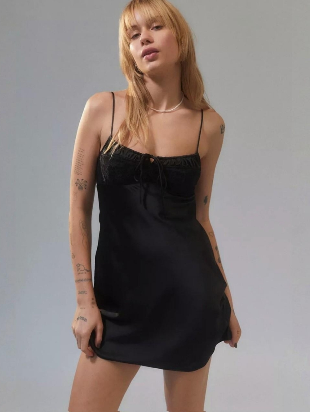 Urban Outfitters Black Perrie Lace-Inset Mini Slip Dress | Size XS